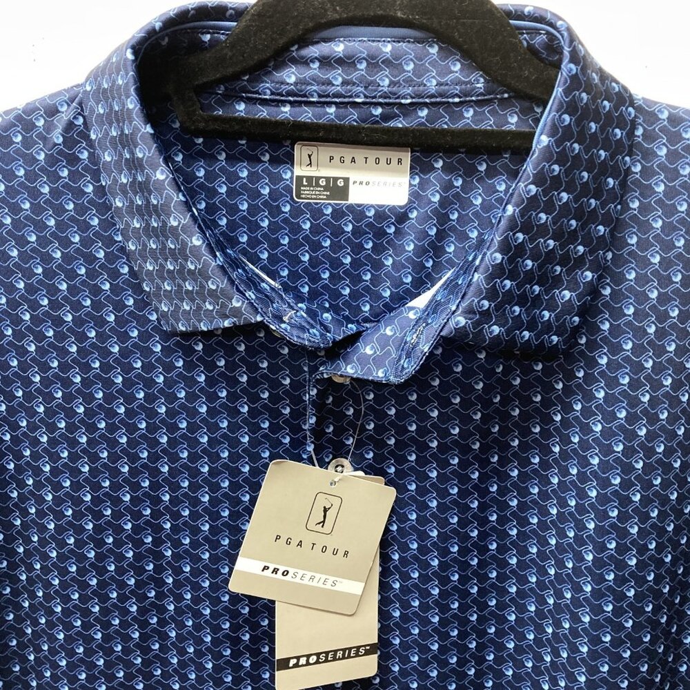 PGA‎ Tour Golf Polo, Men's Size Large, Blue Pattern Athletic Fit Stretch NEW - Picture 3 of 13